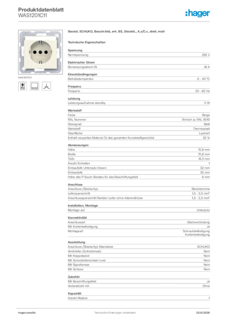 Bild Hager Produktdatenblatt WAS1201C11 | Hager Deutschland