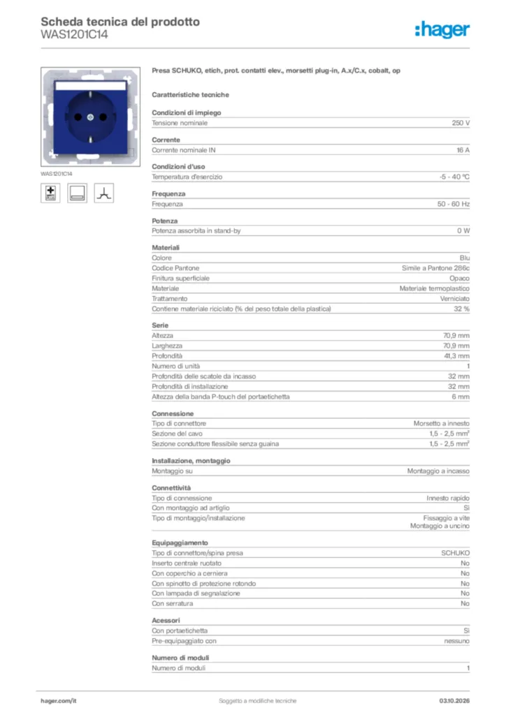 Immagine Hager Scheda tecnica del prodotto WAS1201C14 | Hager Italia