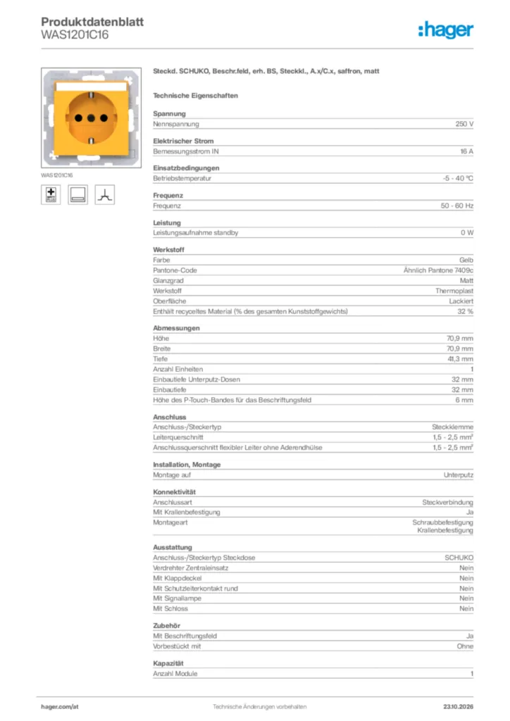 Bild Hager Produktdatenblatt WAS1201C16 | Hager Deutschland