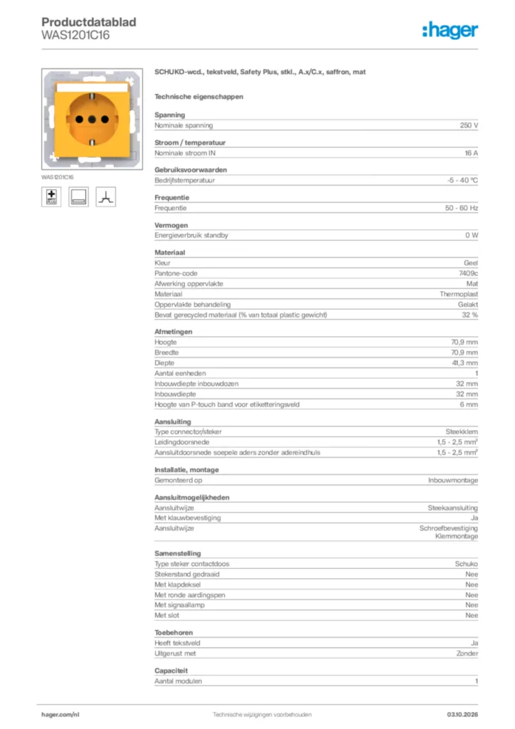 Afbeelding Hager Productdatablad WAS1201C16 | Hager Nederland