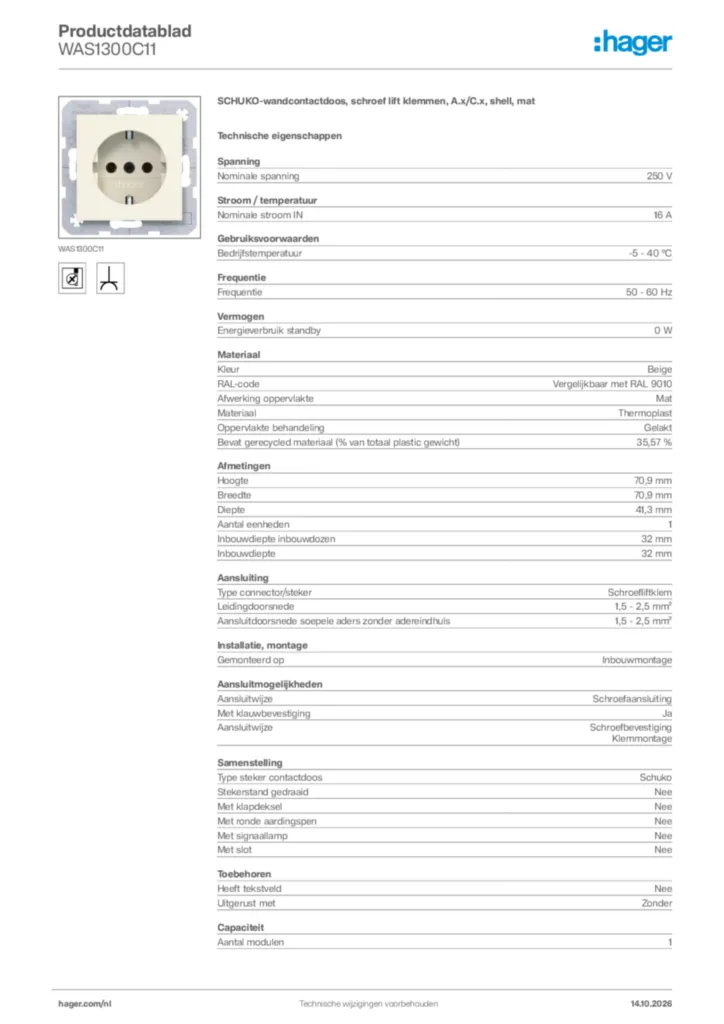 Afbeelding Hager Productdatablad WAS1300C11 | Hager Nederland