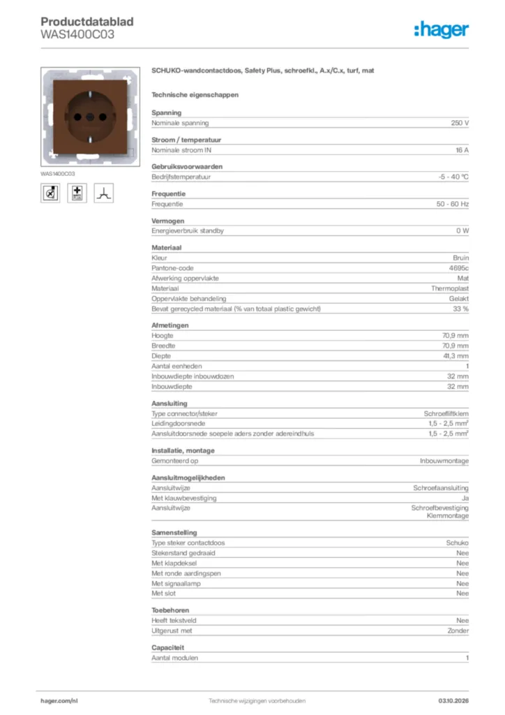 Afbeelding Hager Productdatablad WAS1400C03 | Hager Nederland