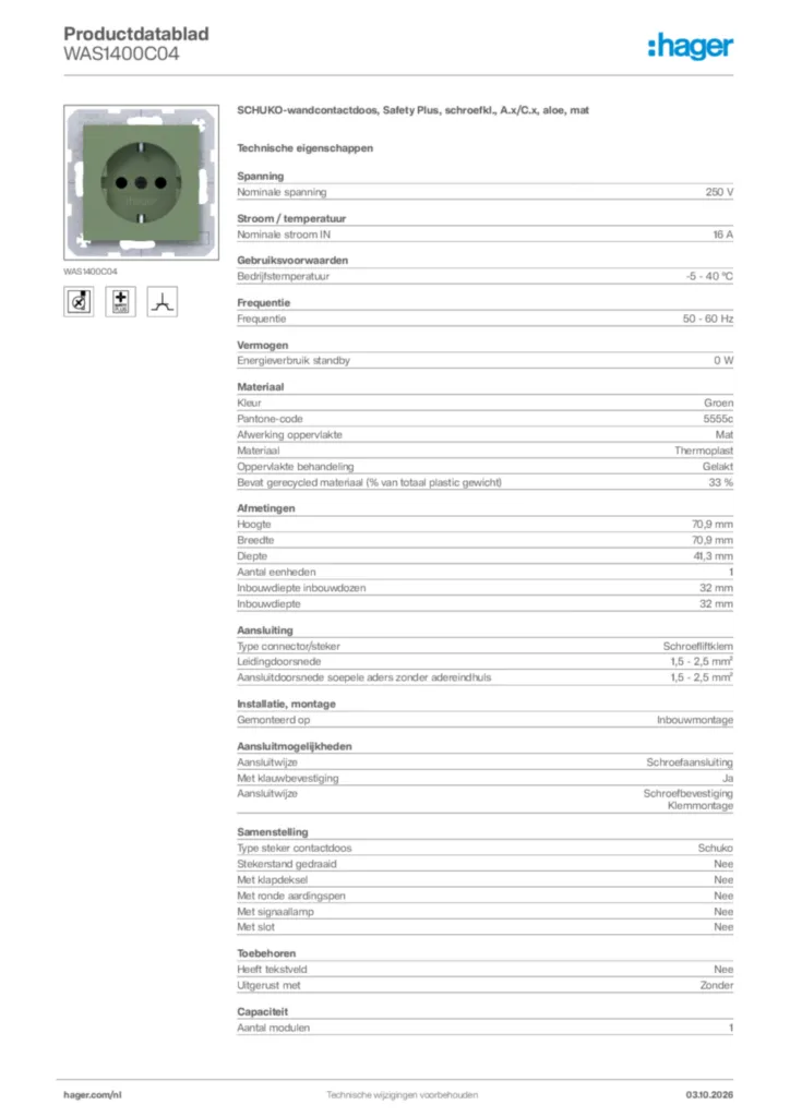 Afbeelding Hager Productdatablad WAS1400C04 | Hager Nederland
