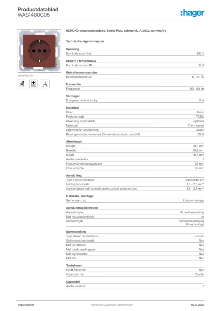 Afbeelding Hager Productdatablad WAS1400C05 | Hager Nederland