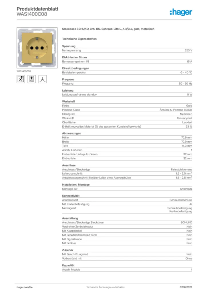 Bild Hager Produktdatenblatt WAS1400C08 | Hager Deutschland