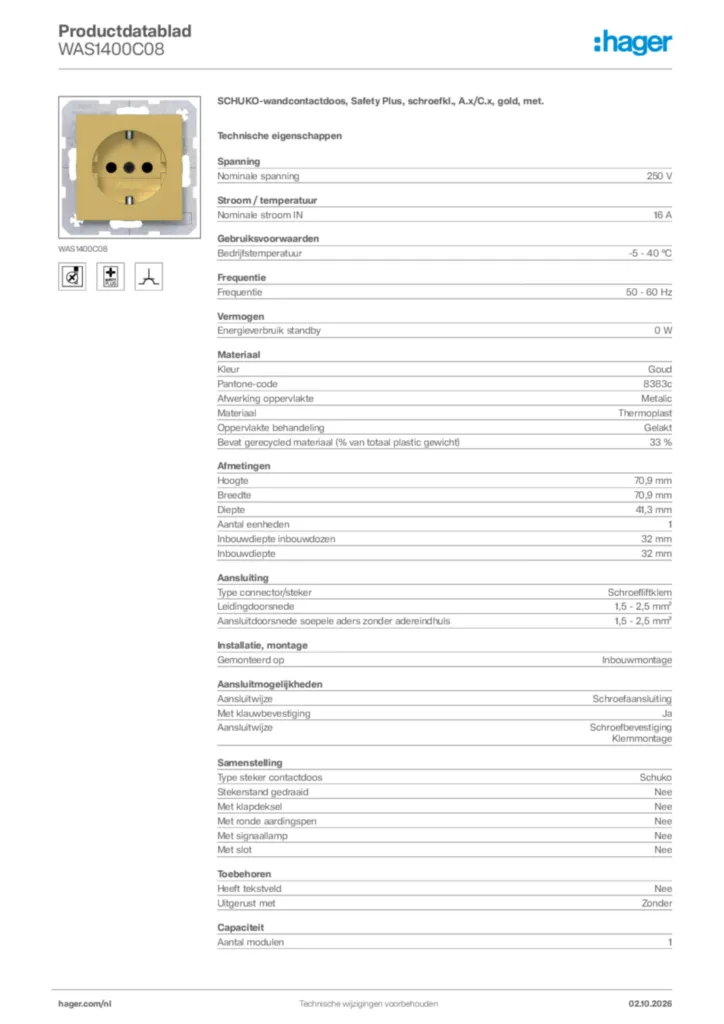 Afbeelding Hager Productdatablad WAS1400C08 | Hager Nederland