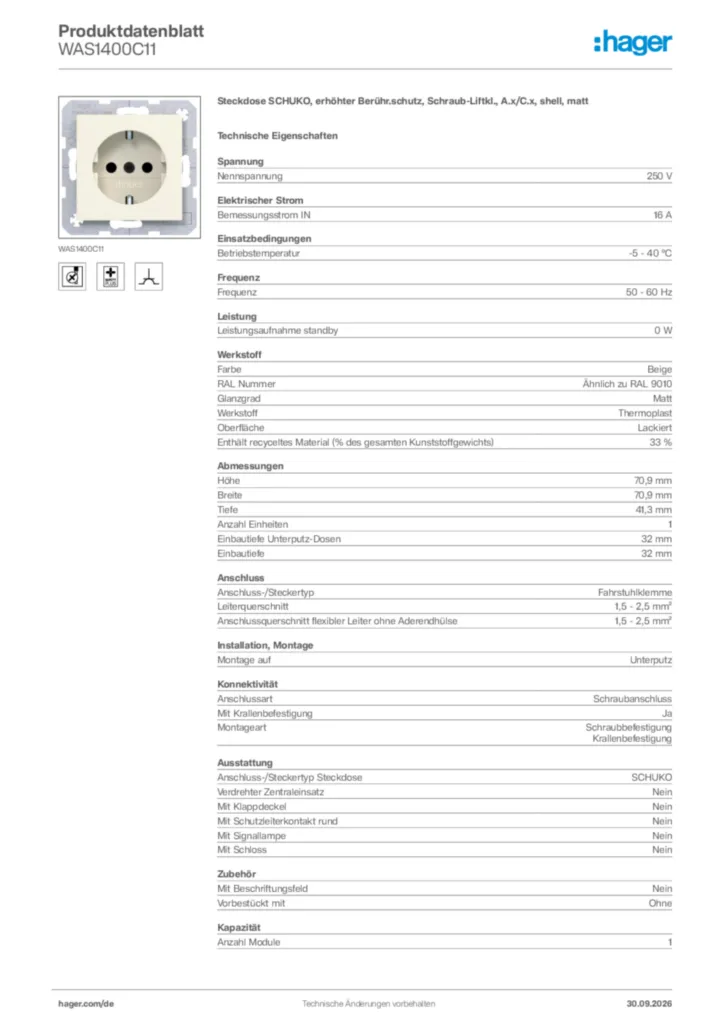 Bild Hager Produktdatenblatt WAS1400C11 | Hager Deutschland