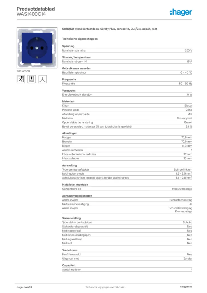 Afbeelding Hager Productdatablad WAS1400C14 | Hager Nederland