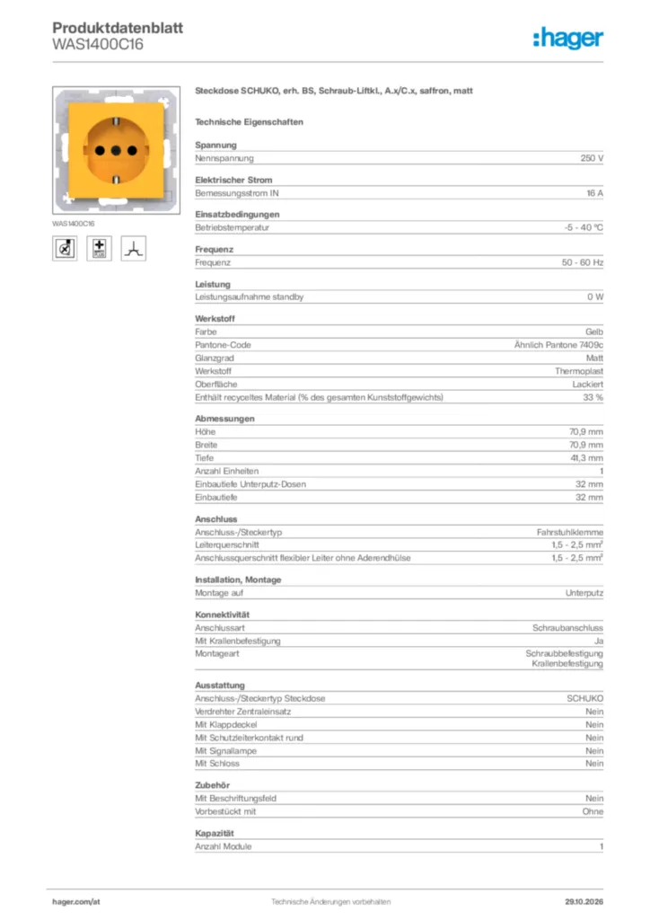 Bild Hager Produktdatenblatt WAS1400C16 | Hager Deutschland