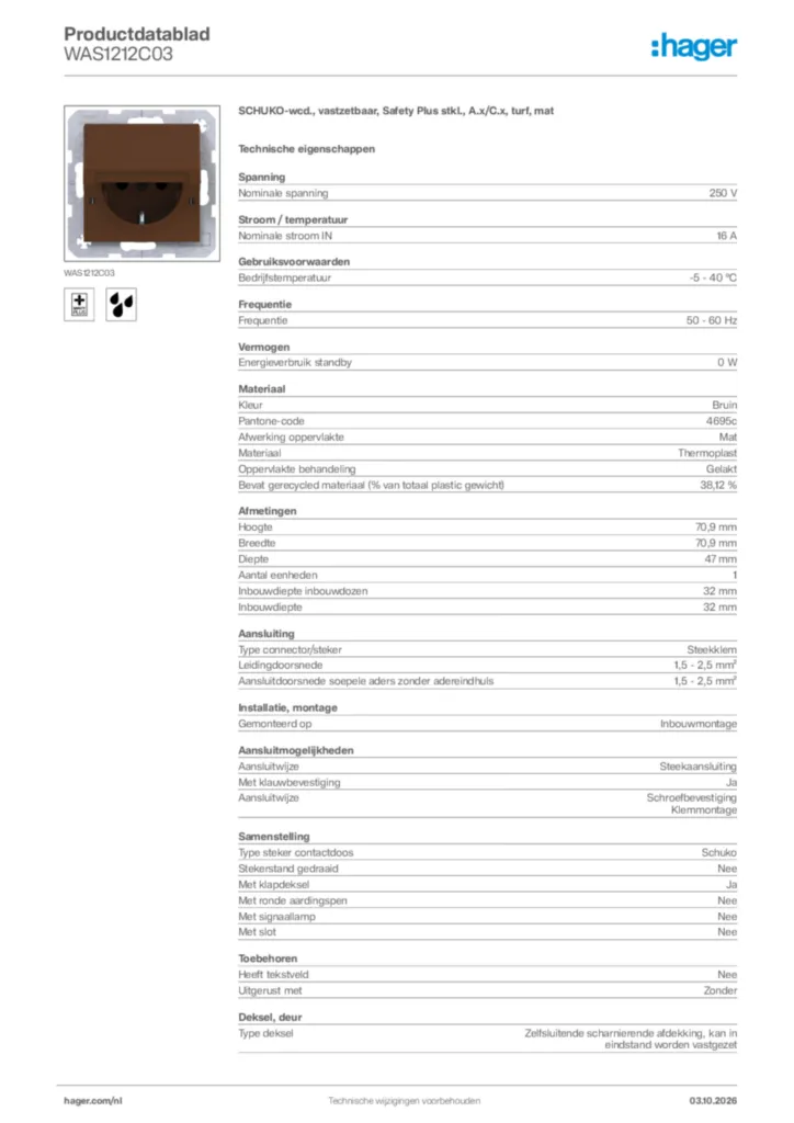 Afbeelding Hager Productdatablad WAS1212C03 | Hager Nederland