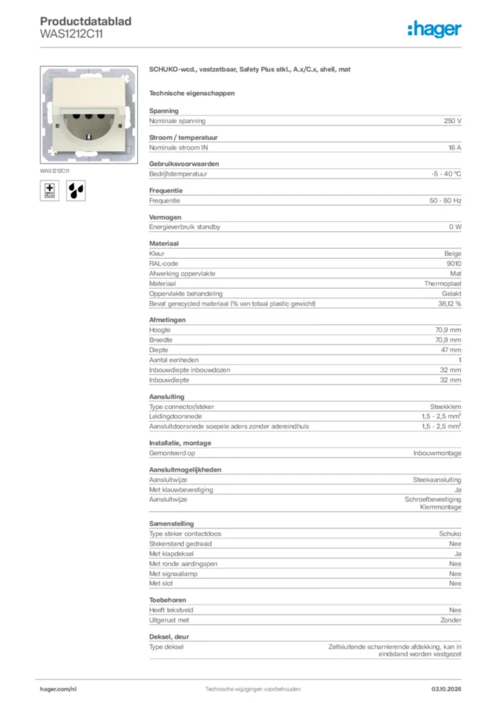 Afbeelding Hager Productdatablad WAS1212C11 | Hager Nederland