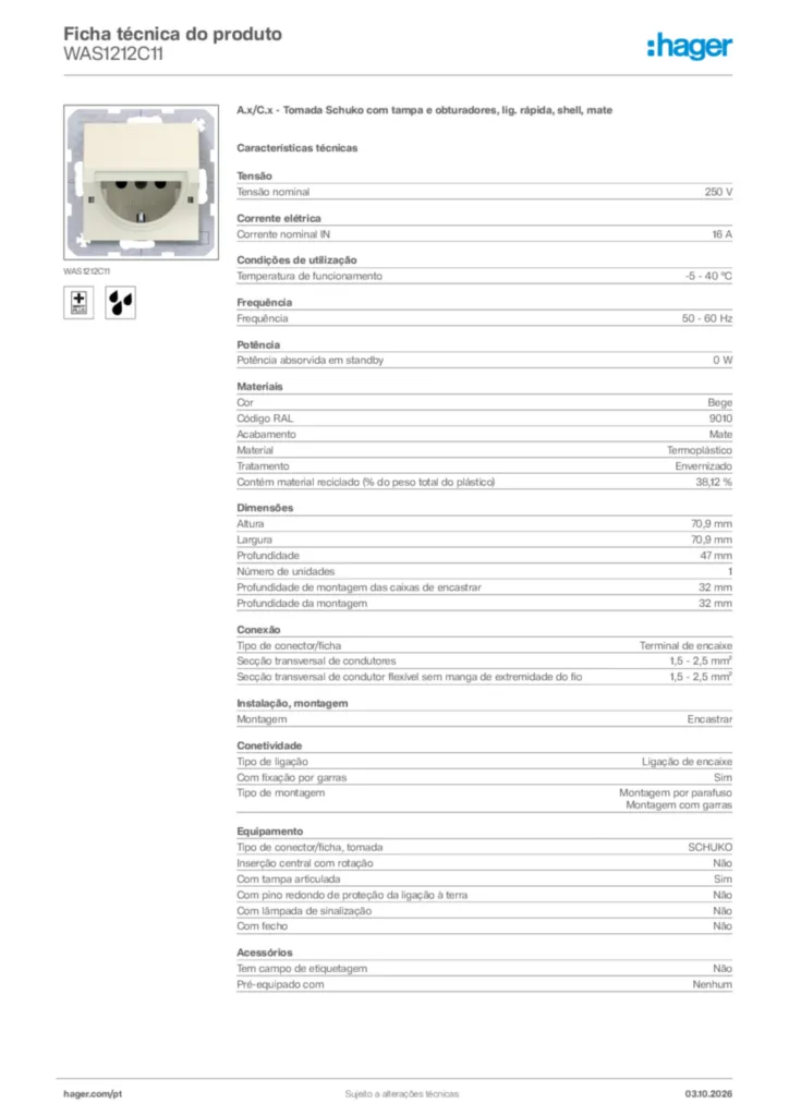 Imagem Hager Ficha técnica do produto WAS1212C11 | Hager Portugal