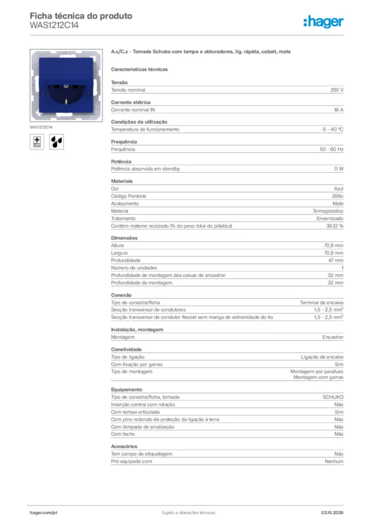 Imagem Hager Ficha técnica do produto WAS1212C14 | Hager Portugal