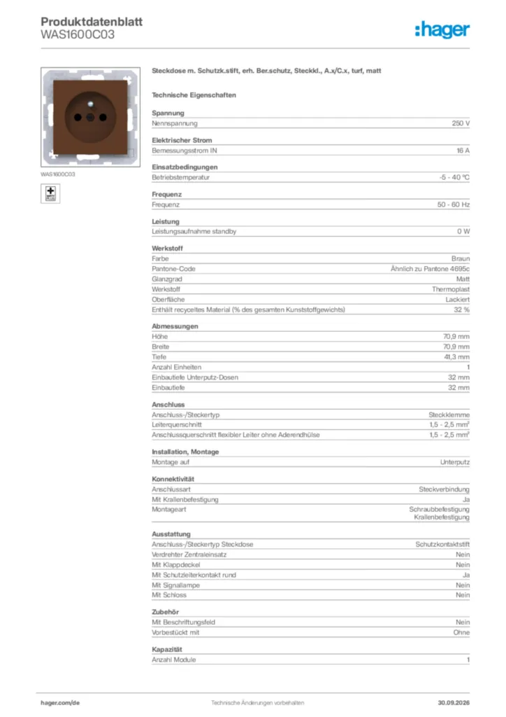 Bild Hager Produktdatenblatt WAS1600C03 | Hager Deutschland