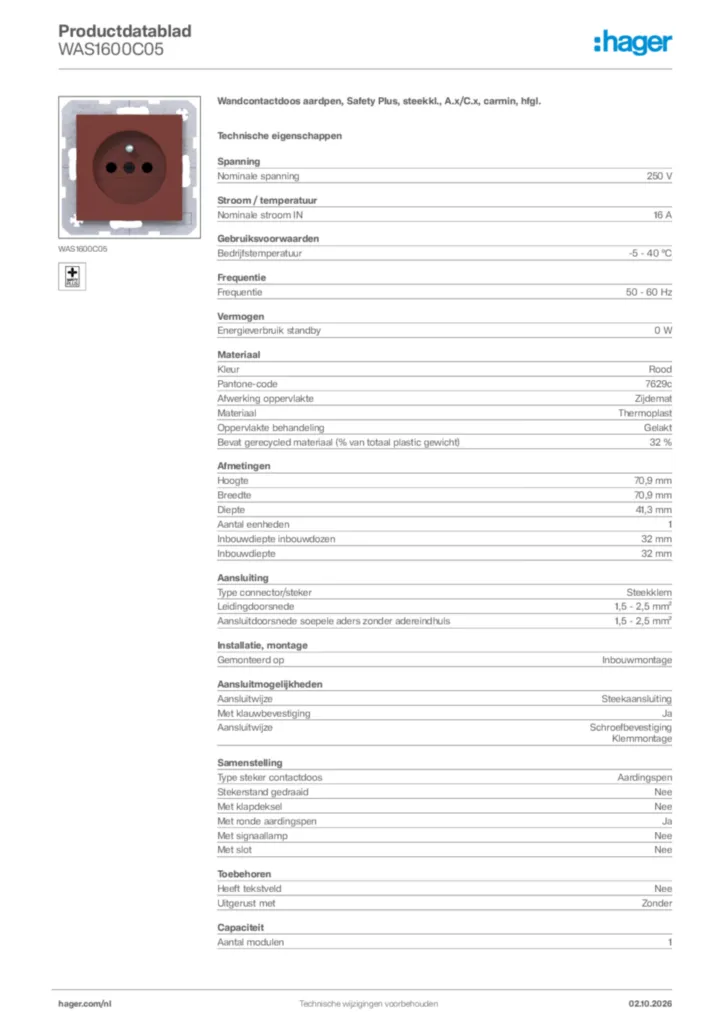 Afbeelding Hager Productdatablad WAS1600C05 | Hager Nederland