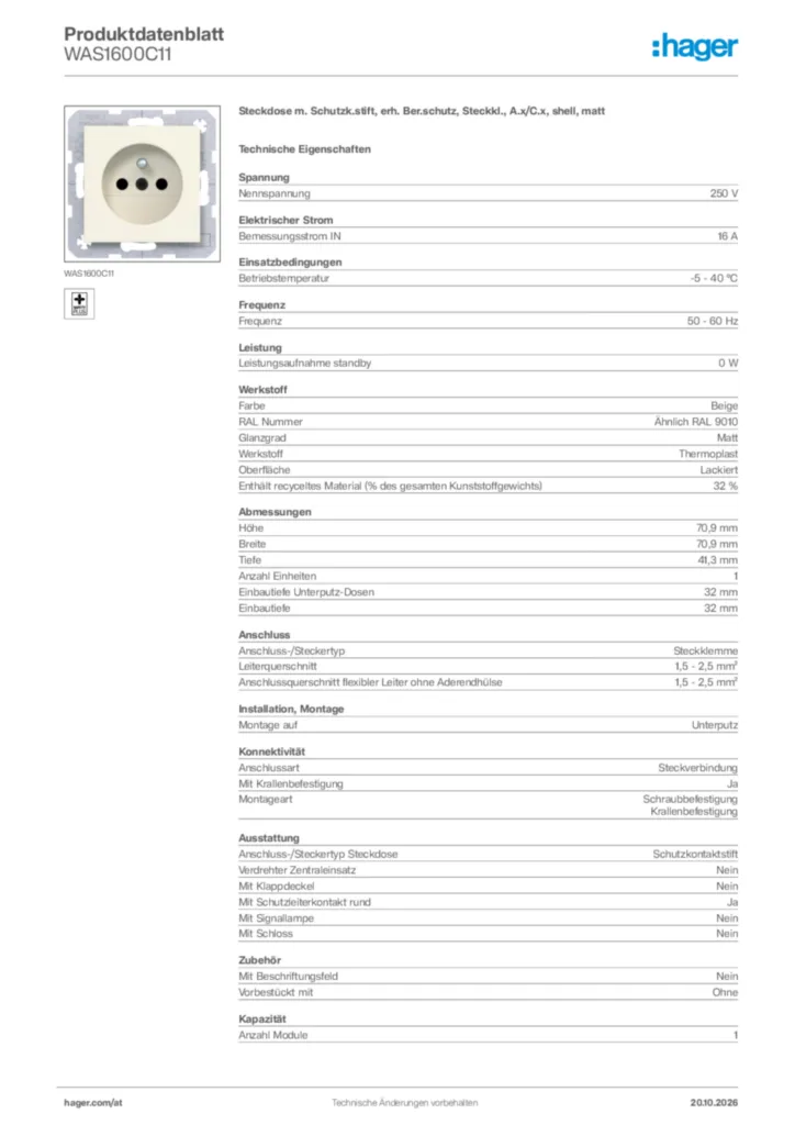 Bild Hager Produktdatenblatt WAS1600C11 | Hager Deutschland