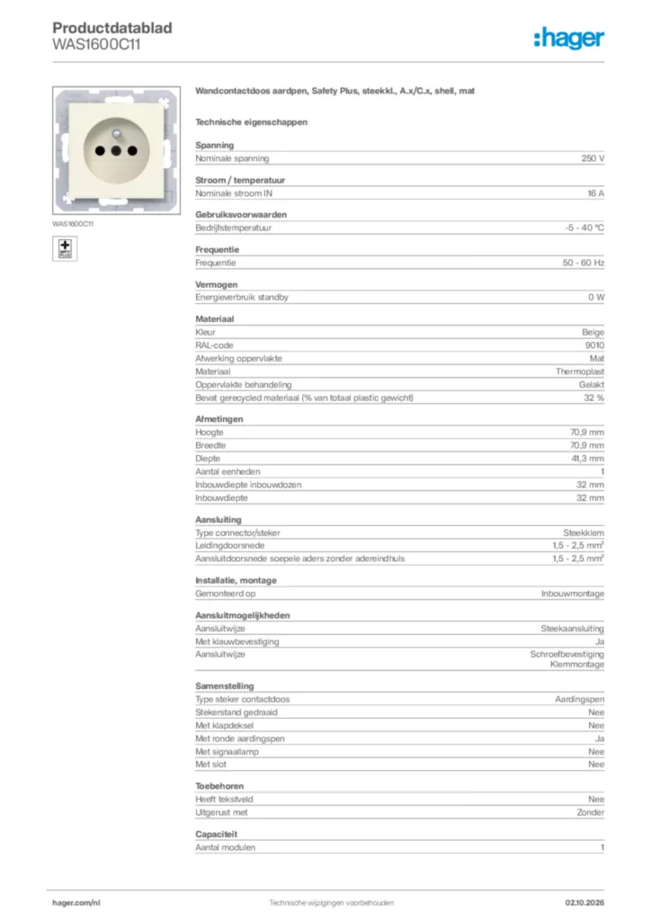 Afbeelding Hager Productdatablad WAS1600C11 | Hager Nederland