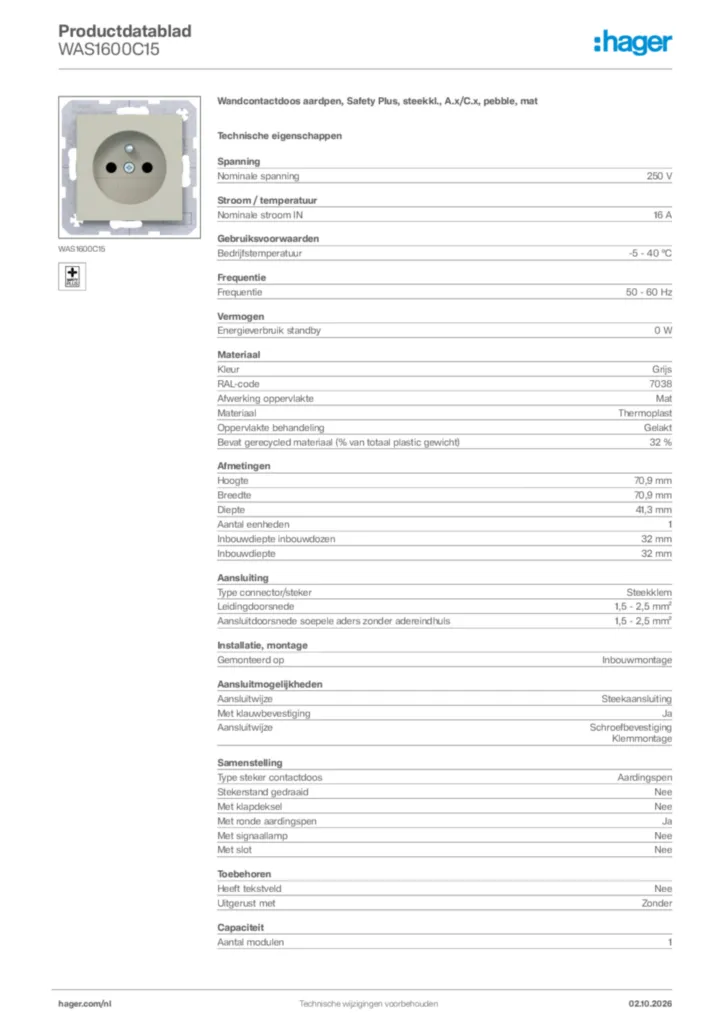Afbeelding Hager Productdatablad WAS1600C15 | Hager Nederland