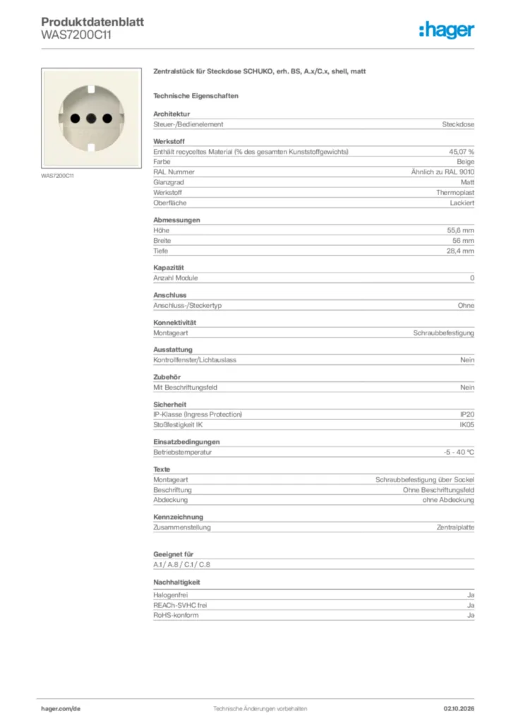 Bild Hager Produktdatenblatt WAS7200C11 | Hager Deutschland