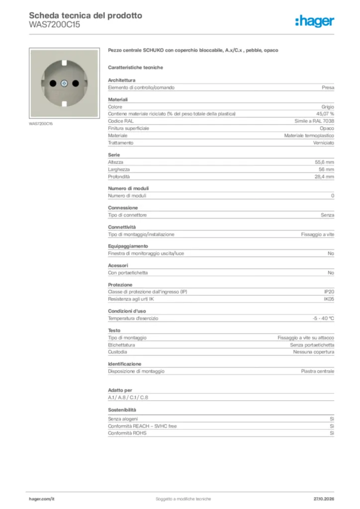 Immagine Hager Scheda tecnica del prodotto WAS7200C15 | Hager Italia