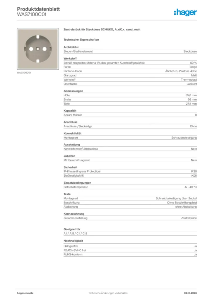 Bild Hager Produktdatenblatt WAS7100C01 | Hager Deutschland
