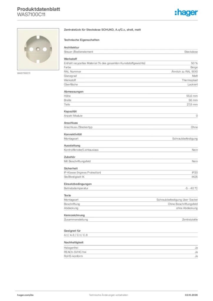 Bild Hager Produktdatenblatt WAS7100C11 | Hager Deutschland