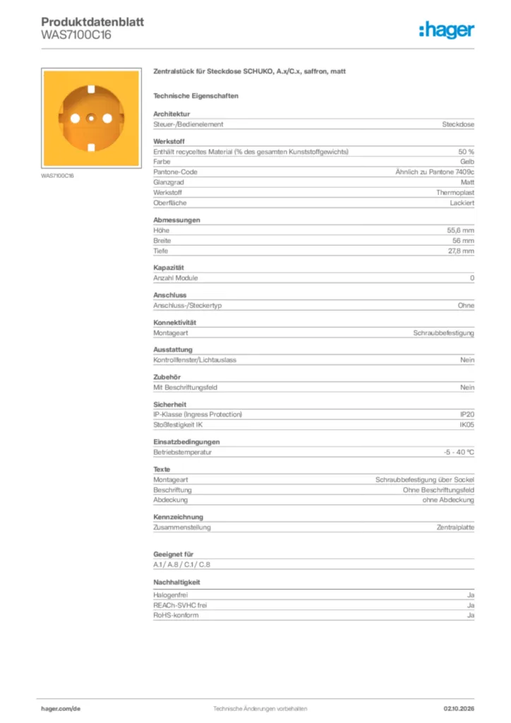 Bild Hager Produktdatenblatt WAS7100C16 | Hager Deutschland