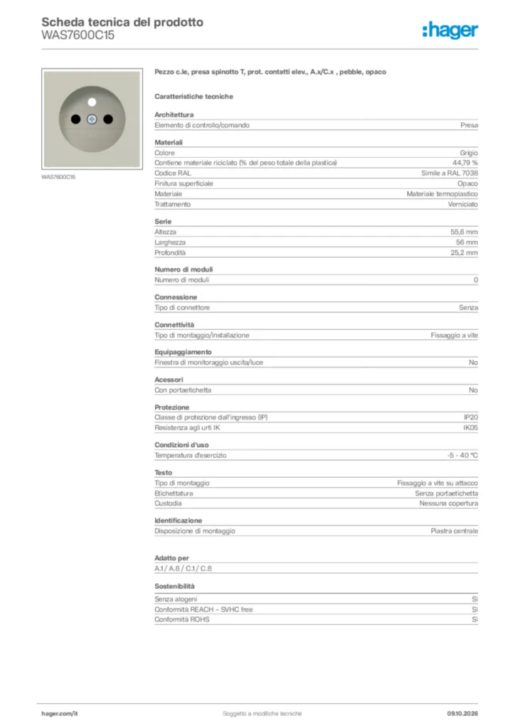 Immagine Hager Scheda tecnica del prodotto WAS7600C15 | Hager Italia