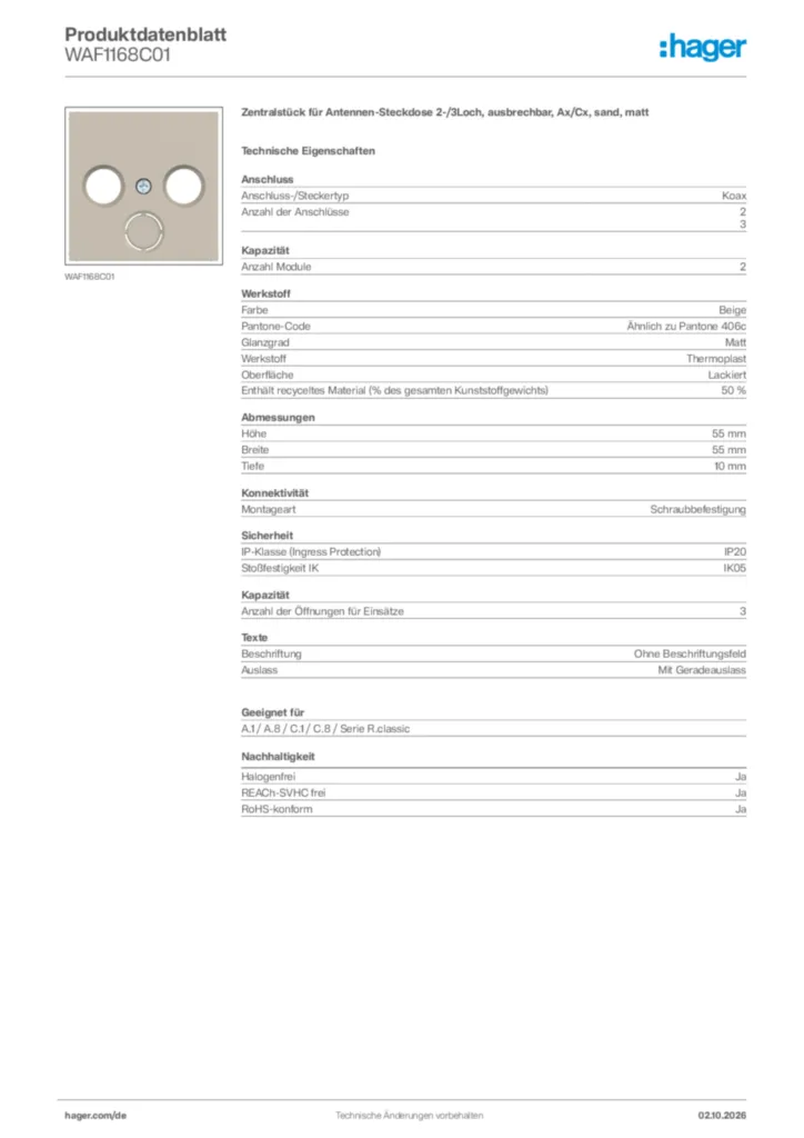 Bild Hager Produktdatenblatt WAF1168C01 | Hager Deutschland