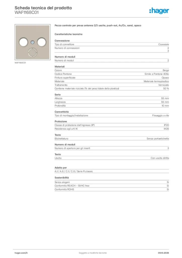 Immagine Hager Scheda tecnica del prodotto WAF1168C01 | Hager Italia