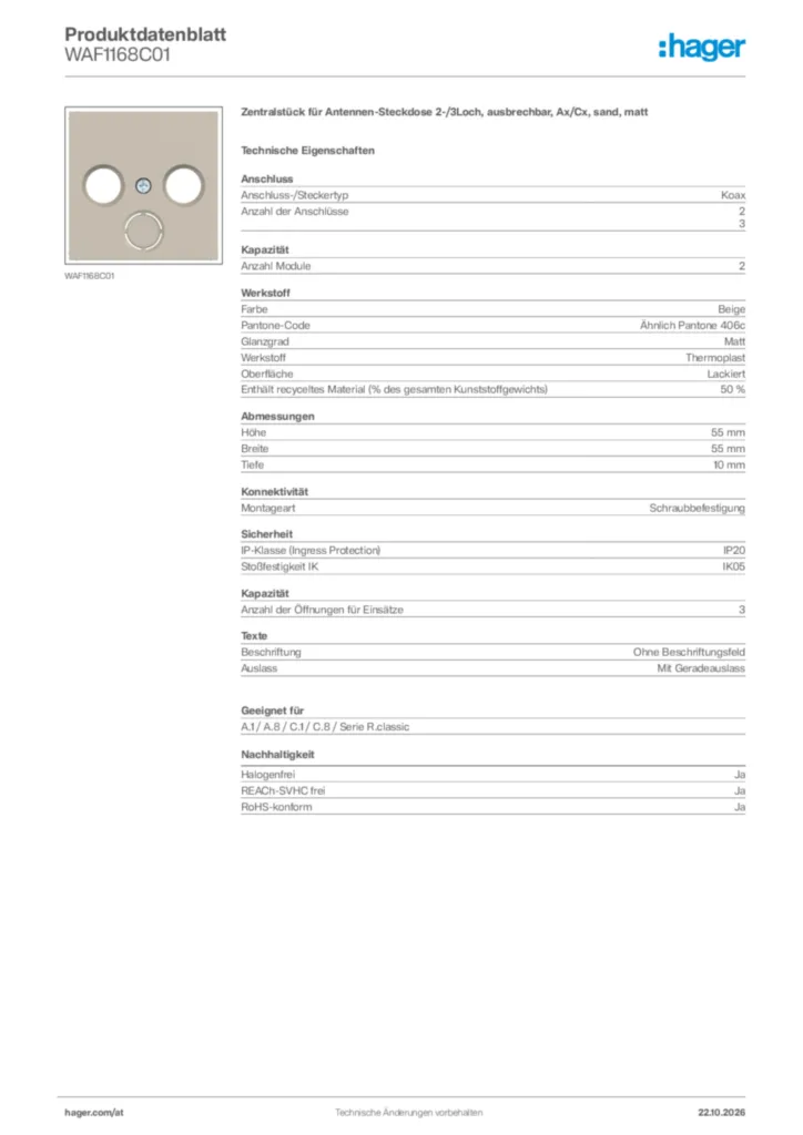 Bild Hager Produktdatenblatt WAF1168C01 | Hager Deutschland