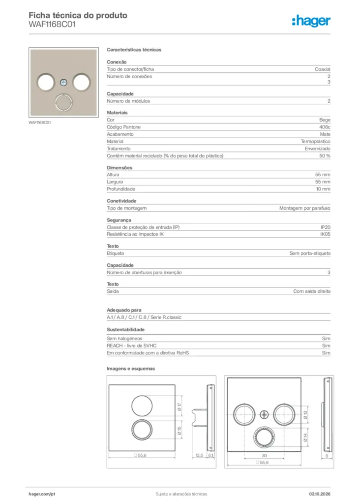 Imagem Hager Ficha técnica do produto WAF1168C01 | Hager Portugal
