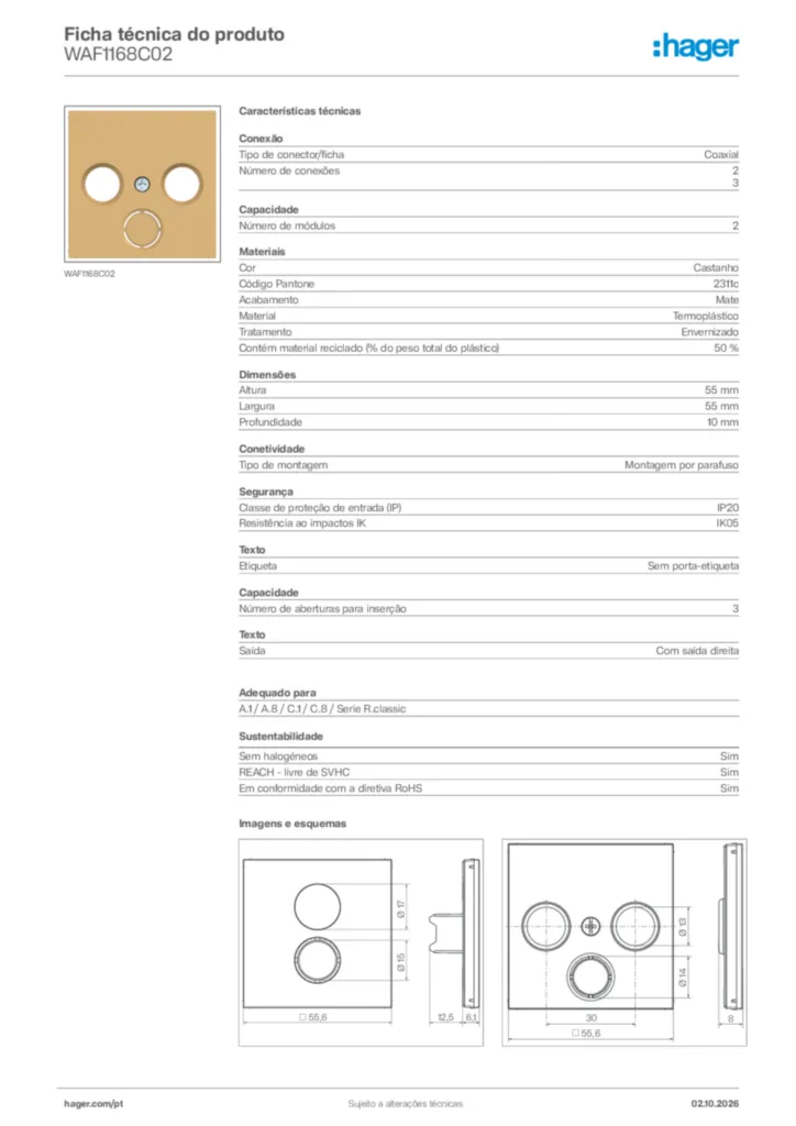 Imagem Hager Ficha técnica do produto WAF1168C02 | Hager Portugal