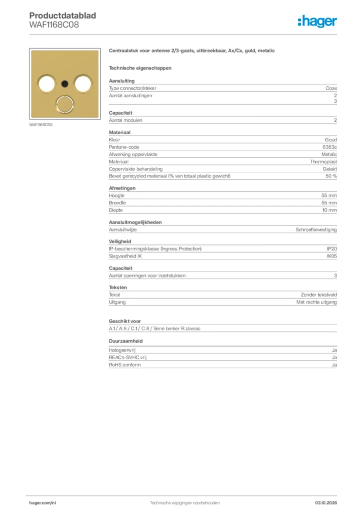 Afbeelding Hager Productdatablad WAF1168C08 | Hager Nederland