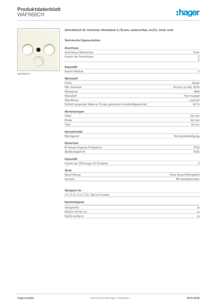 Bild Hager Produktdatenblatt WAF1168C11 | Hager Deutschland