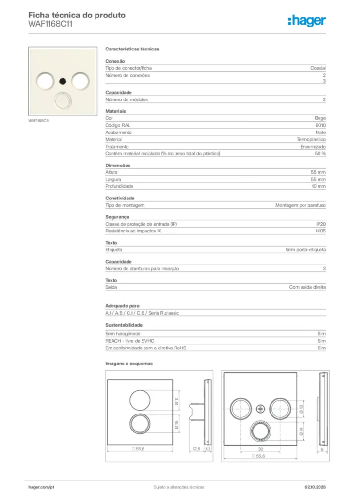 Imagem Hager Ficha técnica do produto WAF1168C11 | Hager Portugal