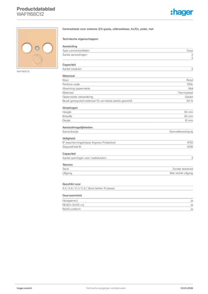 Afbeelding Hager Productdatablad WAF1168C12 | Hager Nederland