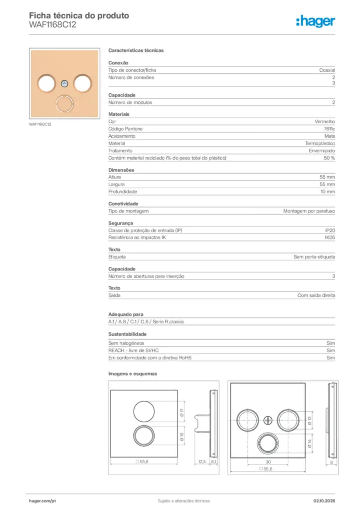 Imagem Hager Ficha técnica do produto WAF1168C12 | Hager Portugal