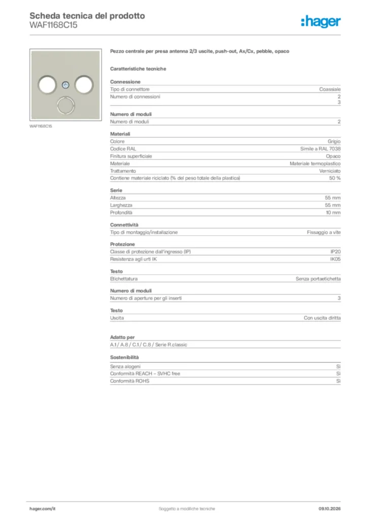 Immagine Hager Scheda tecnica del prodotto WAF1168C15 | Hager Italia