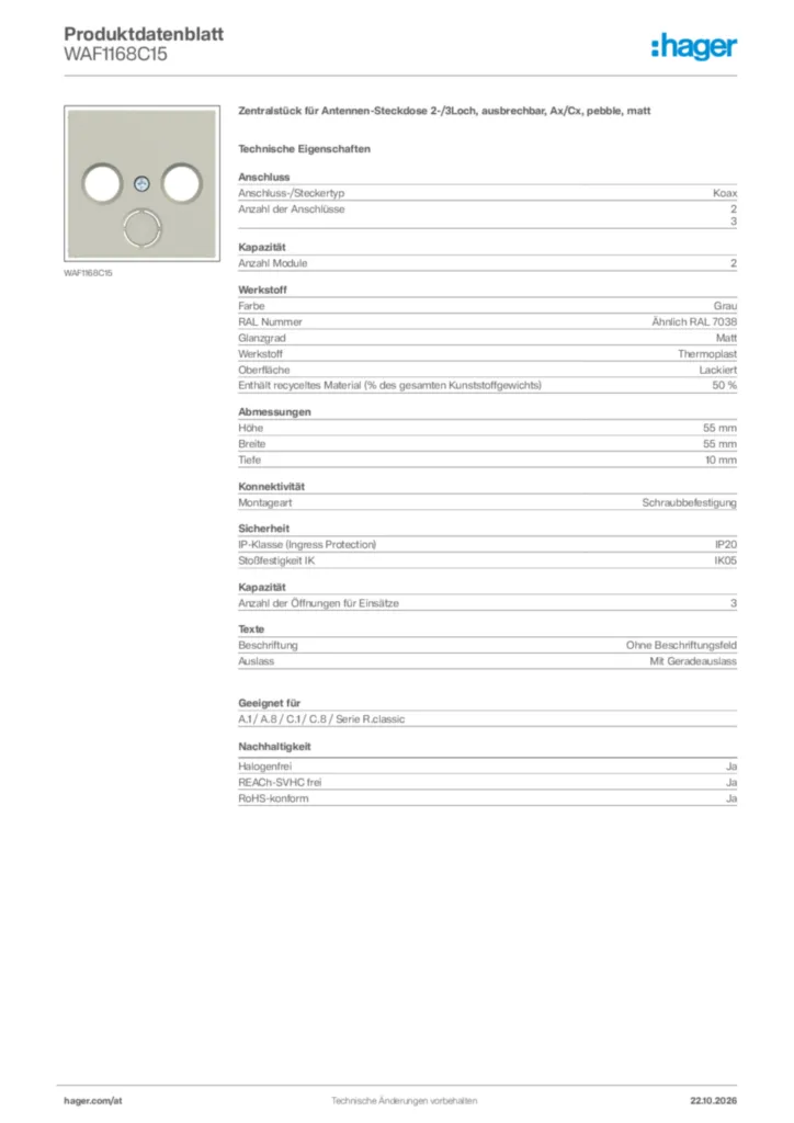 Bild Hager Produktdatenblatt WAF1168C15 | Hager Deutschland