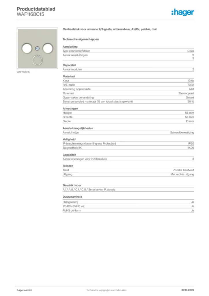 Afbeelding Hager Productdatablad WAF1168C15 | Hager Nederland
