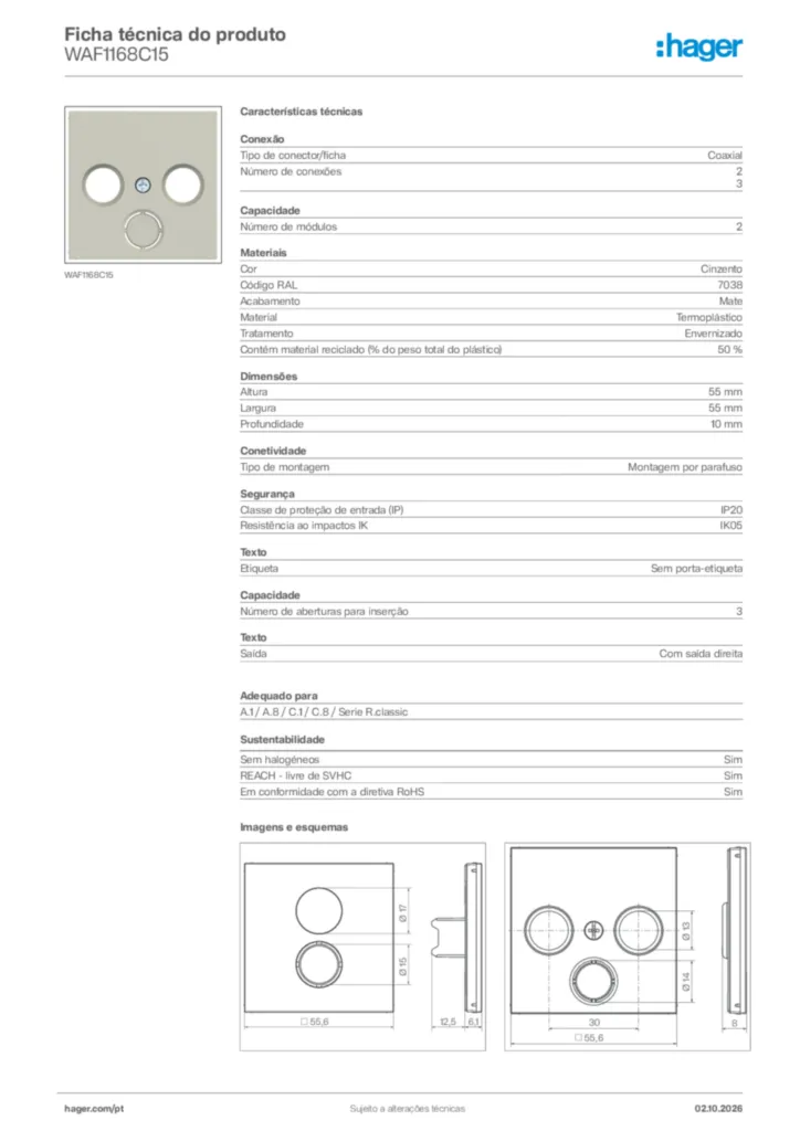 Imagem Hager Ficha técnica do produto WAF1168C15 | Hager Portugal