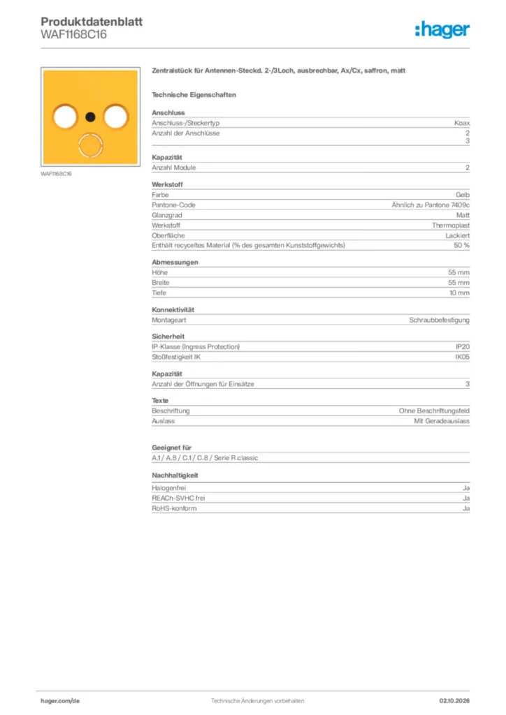 Bild Hager Produktdatenblatt WAF1168C16 | Hager Deutschland