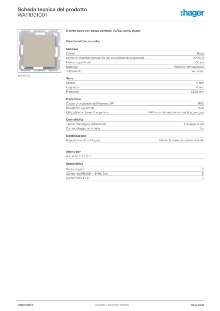 Immagine Hager Scheda tecnica del prodotto WAF1001C01 | Hager Italia