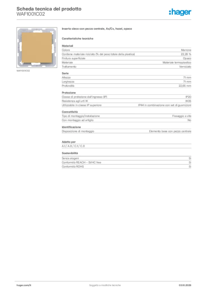 Immagine Hager Scheda tecnica del prodotto WAF1001C02 | Hager Italia
