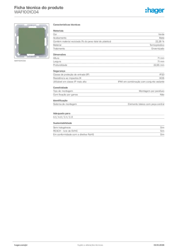 Imagem Hager Ficha técnica do produto WAF1001C04 | Hager Portugal