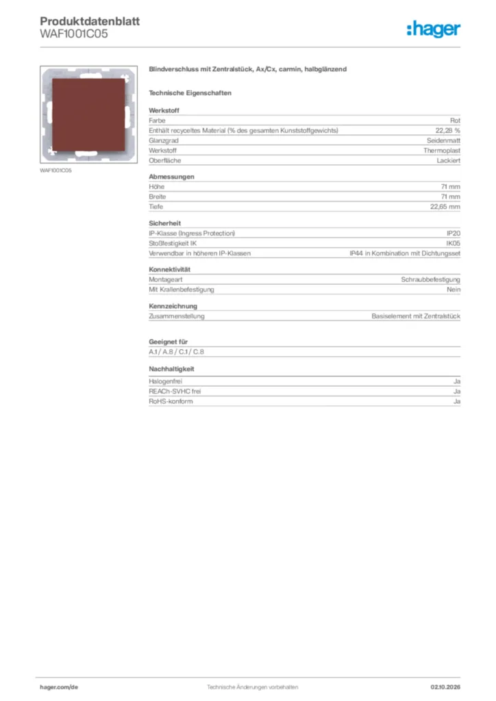 Bild Hager Produktdatenblatt WAF1001C05 | Hager Deutschland
