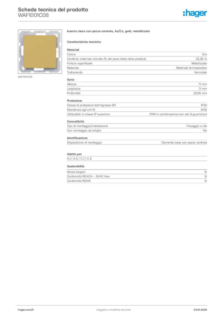 Immagine Hager Scheda tecnica del prodotto WAF1001C08 | Hager Italia