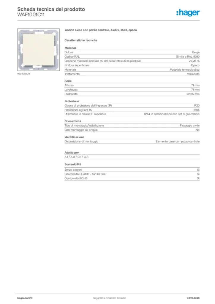 Immagine Hager Scheda tecnica del prodotto WAF1001C11 | Hager Italia