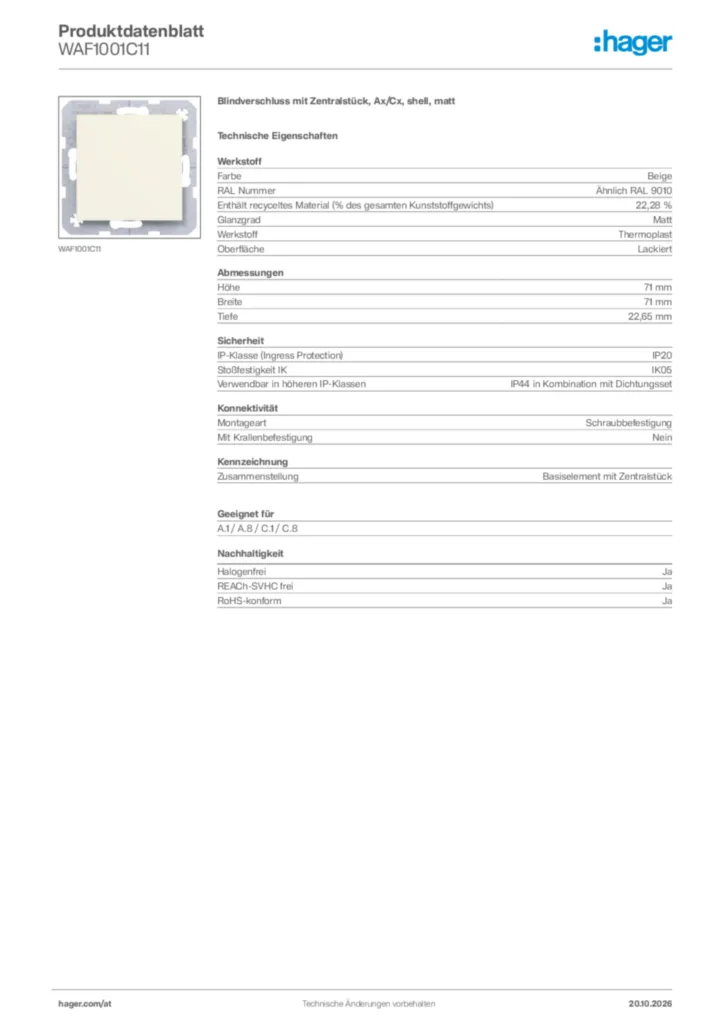 Bild Hager Produktdatenblatt WAF1001C11 | Hager Deutschland